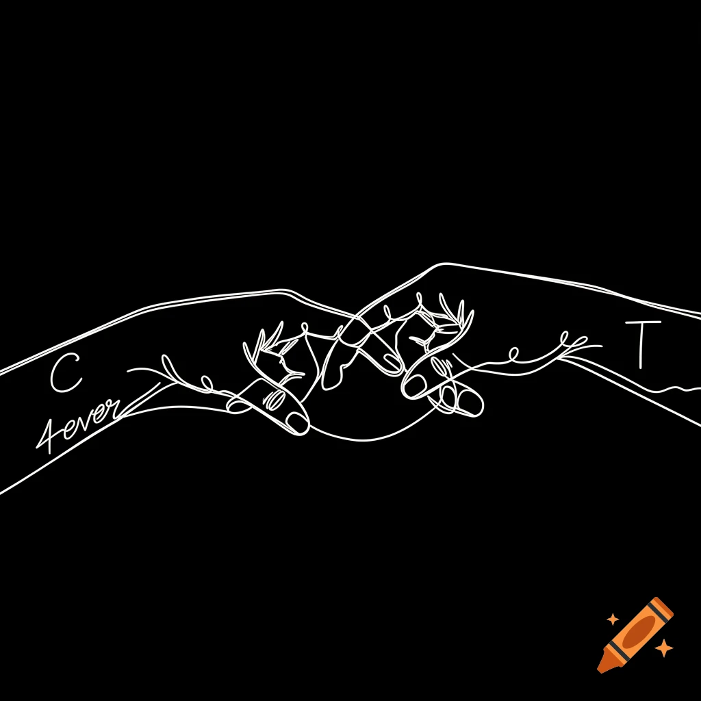 Minimalist white continuous line art of two hands doing a pinky promise on a black background, with letters 'C', 'T' and word '4ever'.