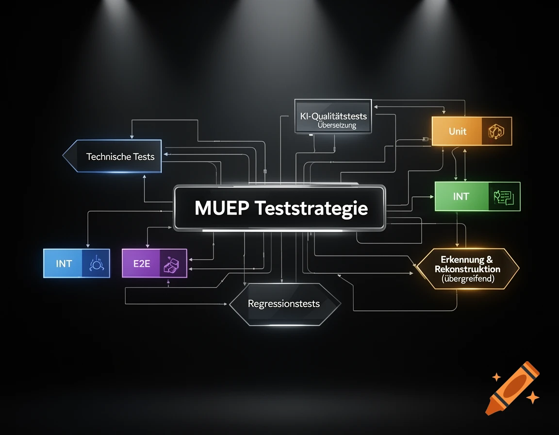 A dark background flowchart with neon-lit boxes showing a MUEP Test Strategy, including technical tests, quality tests, unit, INT, E2E, recognition, reconstruction, and regression tests.