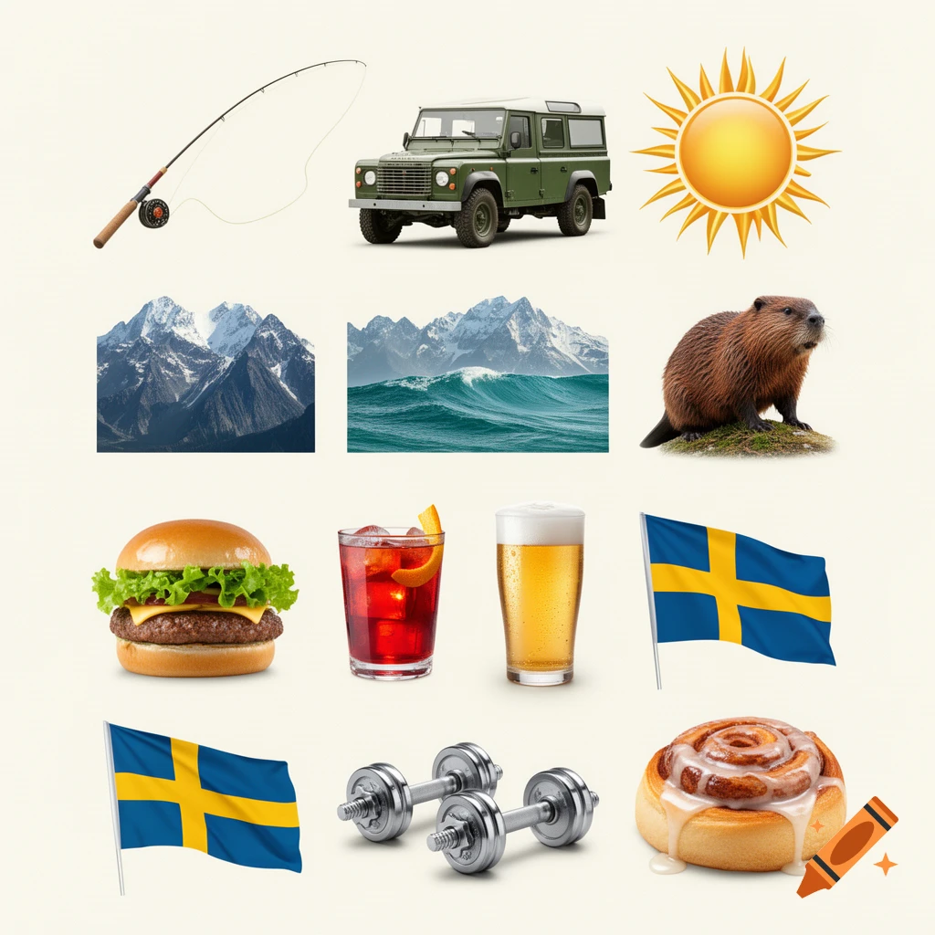 A grid of 12 distinct icons: fishing rod, Land Rover, sun, beaver, mountains, ocean waves, burger, Negroni, beer, Swedish flag, dumbbells, cinnamon roll.