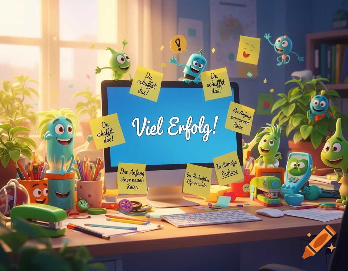 Cheerful cartoon characters in a bright office filled with desk supplies, featuring a monitor displaying "Viel Erfolg!" and sticky notes with positive German messages, in a Pixar-style.