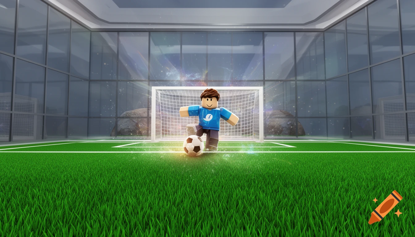 A Roblox character in a blue shirt and brown hair plays soccer on a green field, positioned in front of a goal in a futuristic glass-walled indoor stadium.