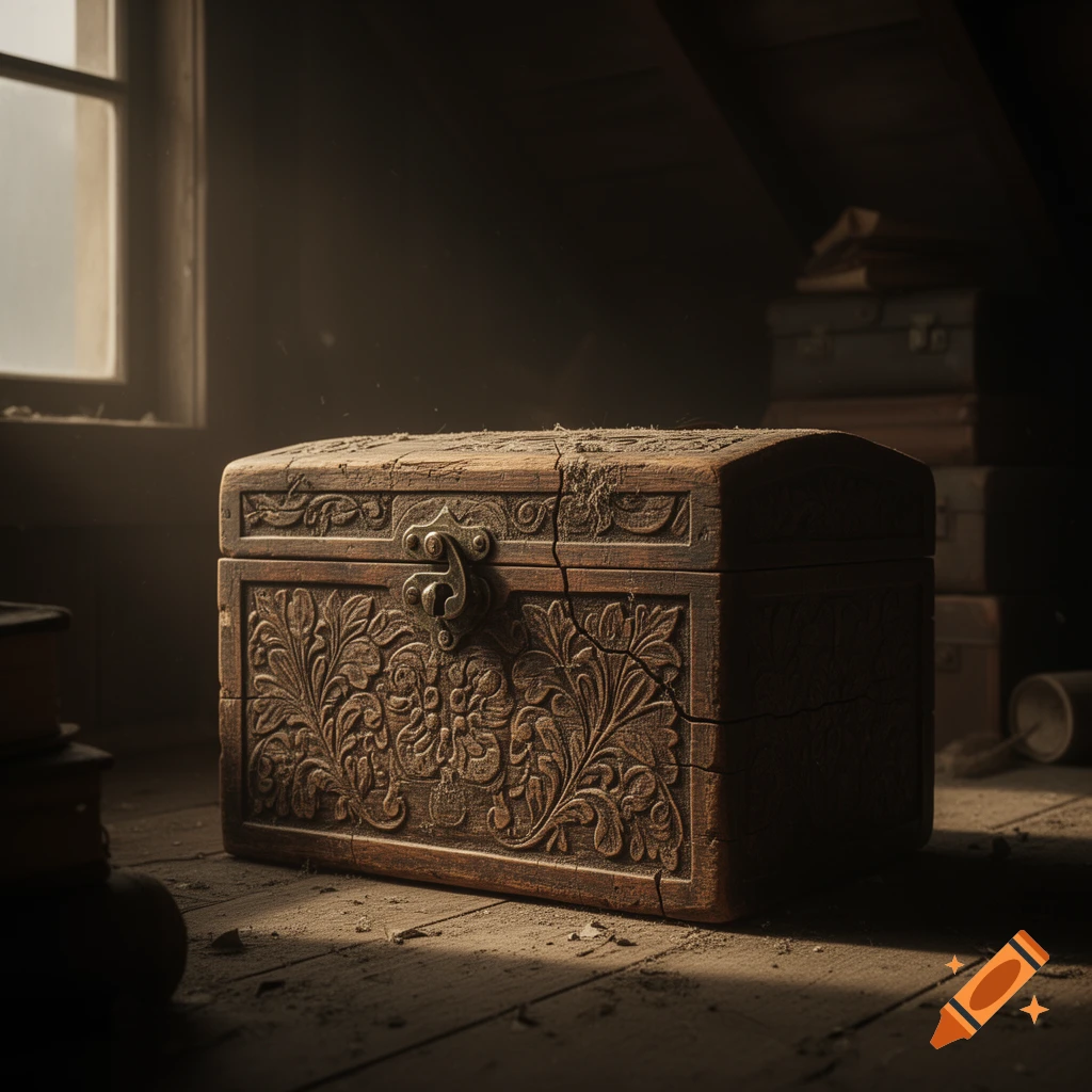 An ornately carved, dusty wooden chest rests on a floor in a dimly lit attic, sunbeams shine through a window.