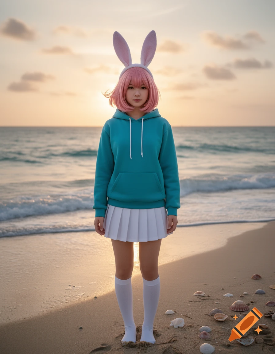A person with pink hair and bunny ears, wearing a teal hoodie and white skirt, stands on a beach at sunset.