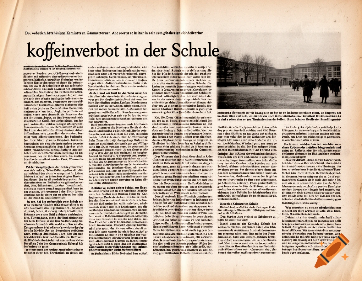 A black and white newspaper page with the headline 'koffeinverbot in der Schule' and a photo of a school building with people outside.
