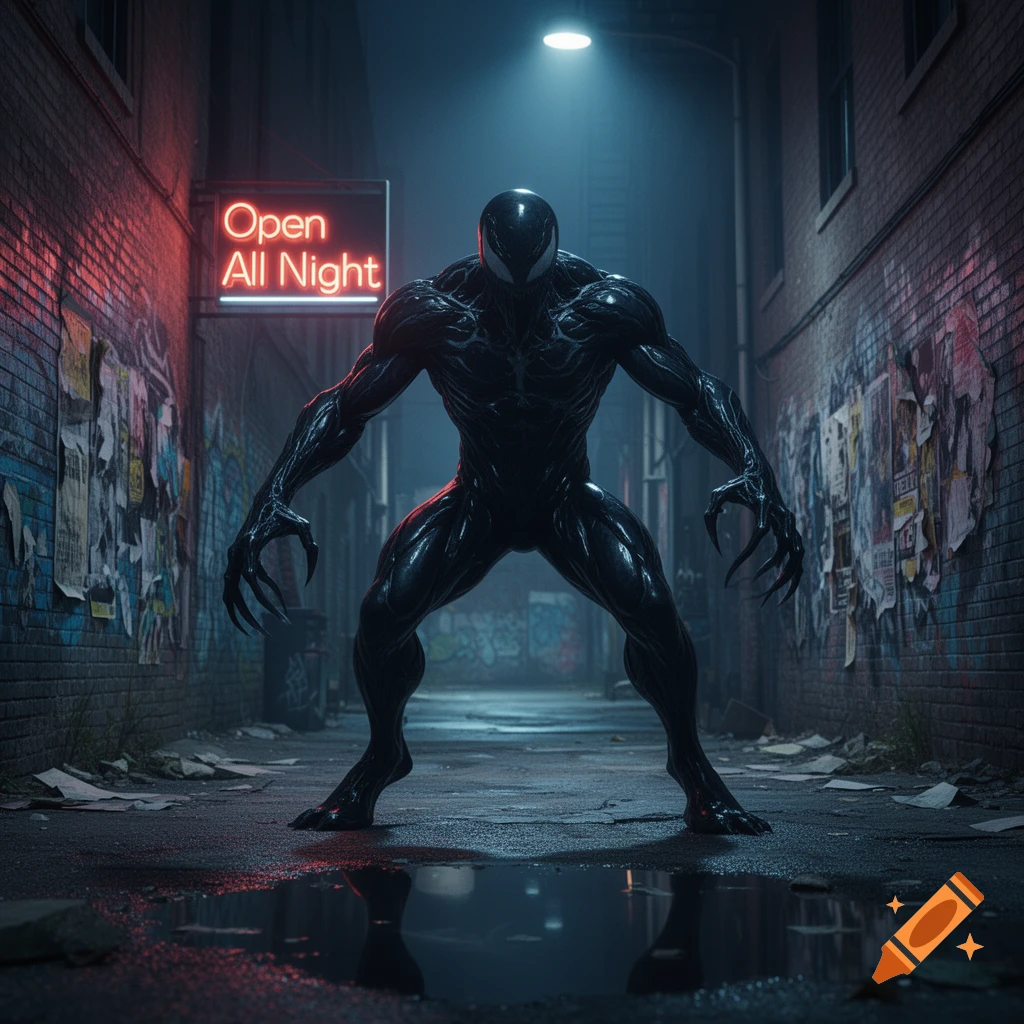 A muscular, black symbiote stands in a dark, wet alley under a red neon 'Open All Night' sign, reflecting in puddles.