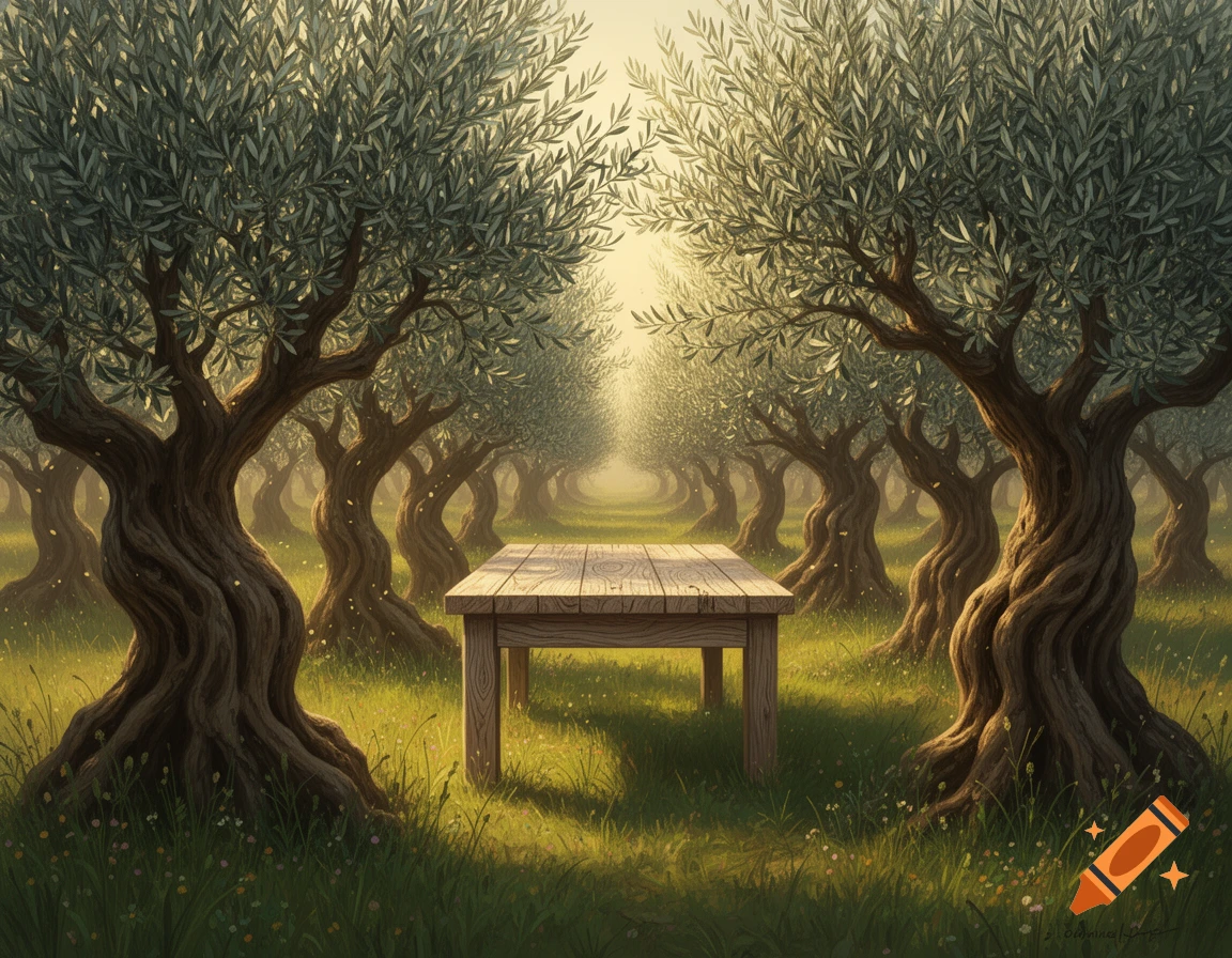 A wooden table stands in a sunlit olive grove, surrounded by gnarled olive trees receding into a misty background.