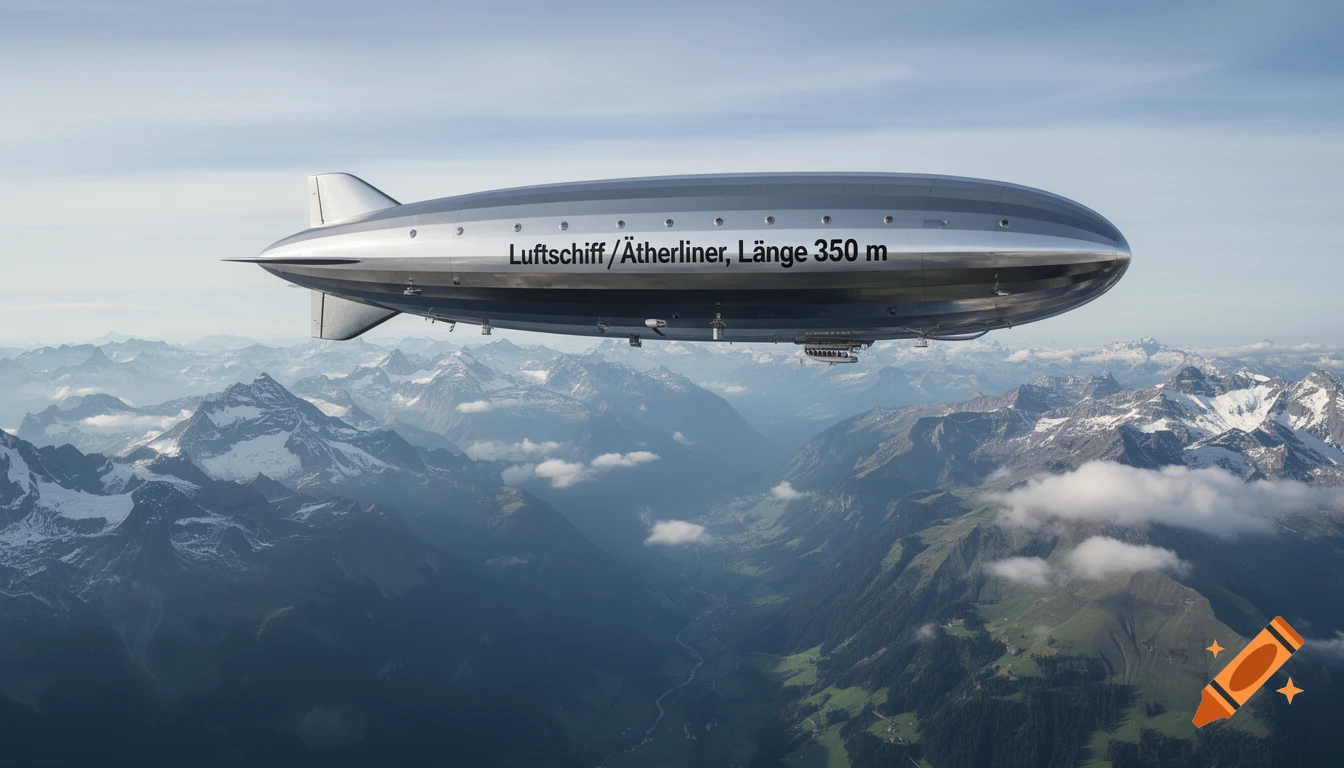 A large silver blimp with text flies over a vast mountain range with snowy peaks and a green valley below.