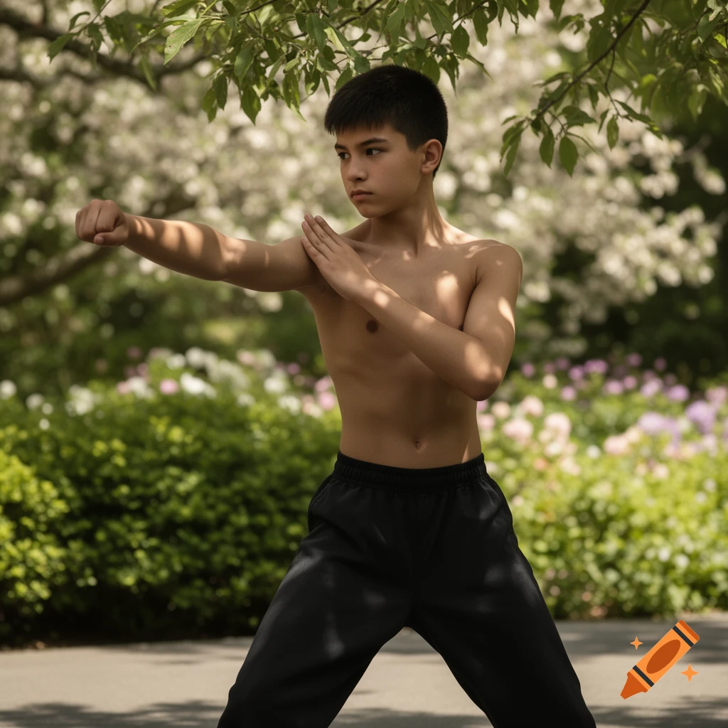 A shirtless young boy in black pants practices martial arts in a park with flowering trees.