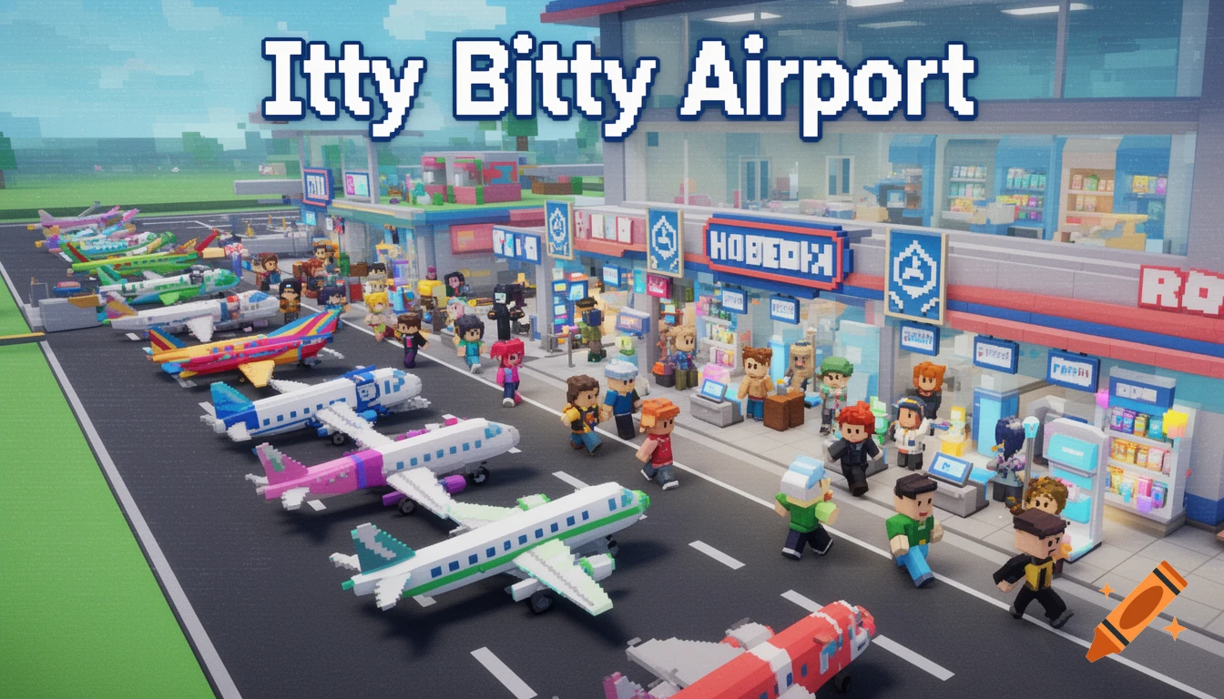 A blocky, voxel-style airport scene with numerous colorful planes on a tarmac and many block-like people walking near an airport terminal. Text reads "Itty Bitty Airport".
