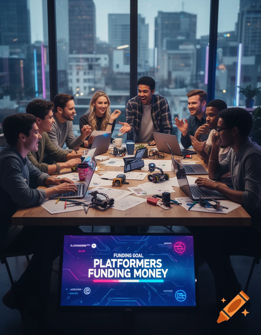 A diverse group of people enthusiastically discuss ideas around a conference table in a modern office with a city skyline view. A screen below the table displays "FUNDING GOAL PLATFORMERS FUNDING MONEY".
