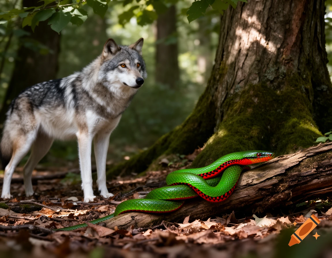A grey wolf stands in a forest, looking towards a vibrant green and red paradise tree snake coiled on a fallen log. Photorealistic.