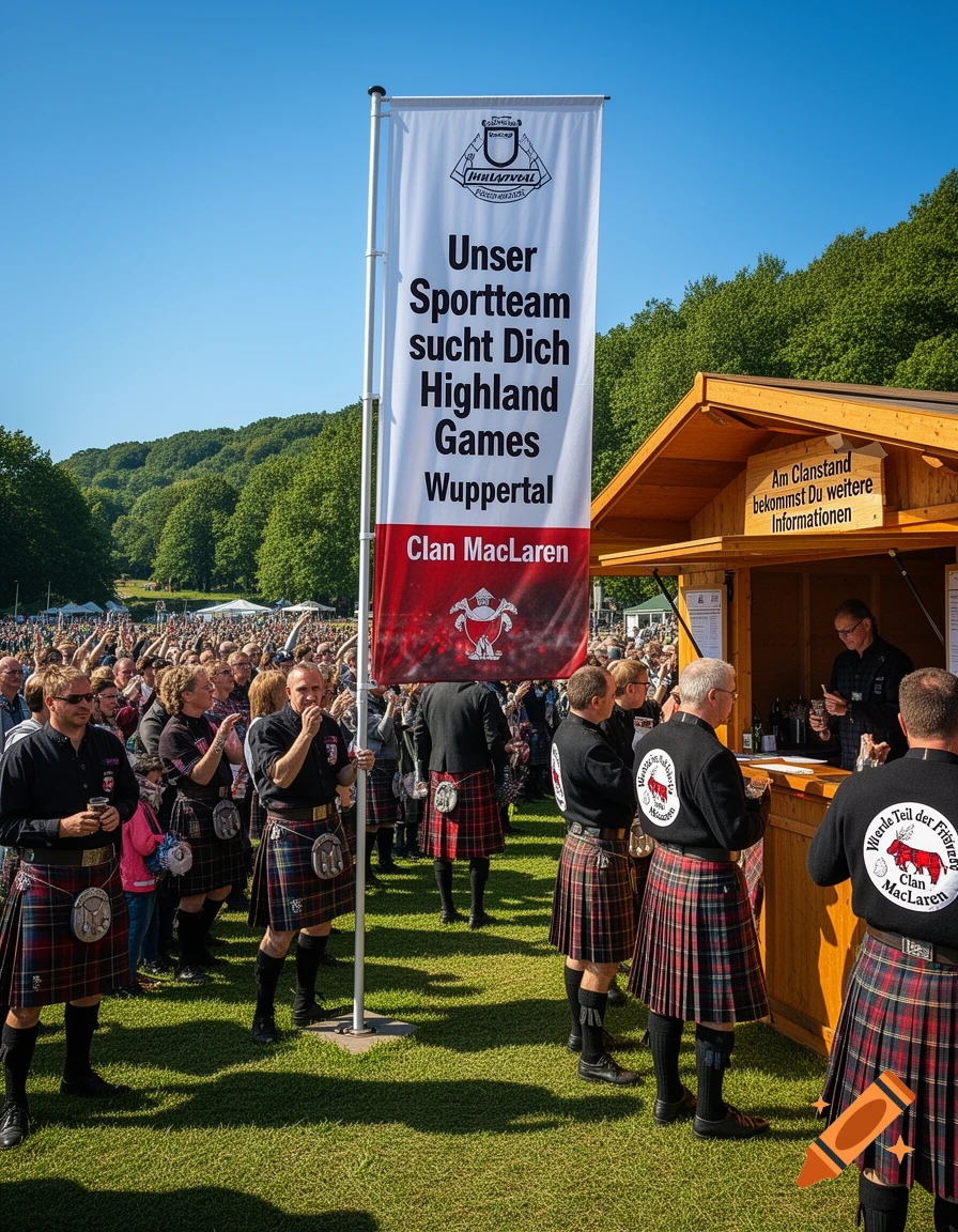 A large crowd gathers outdoors for the Highland Games Wuppertal, featuring men in kilts and a banner promoting Clan MacLaren.