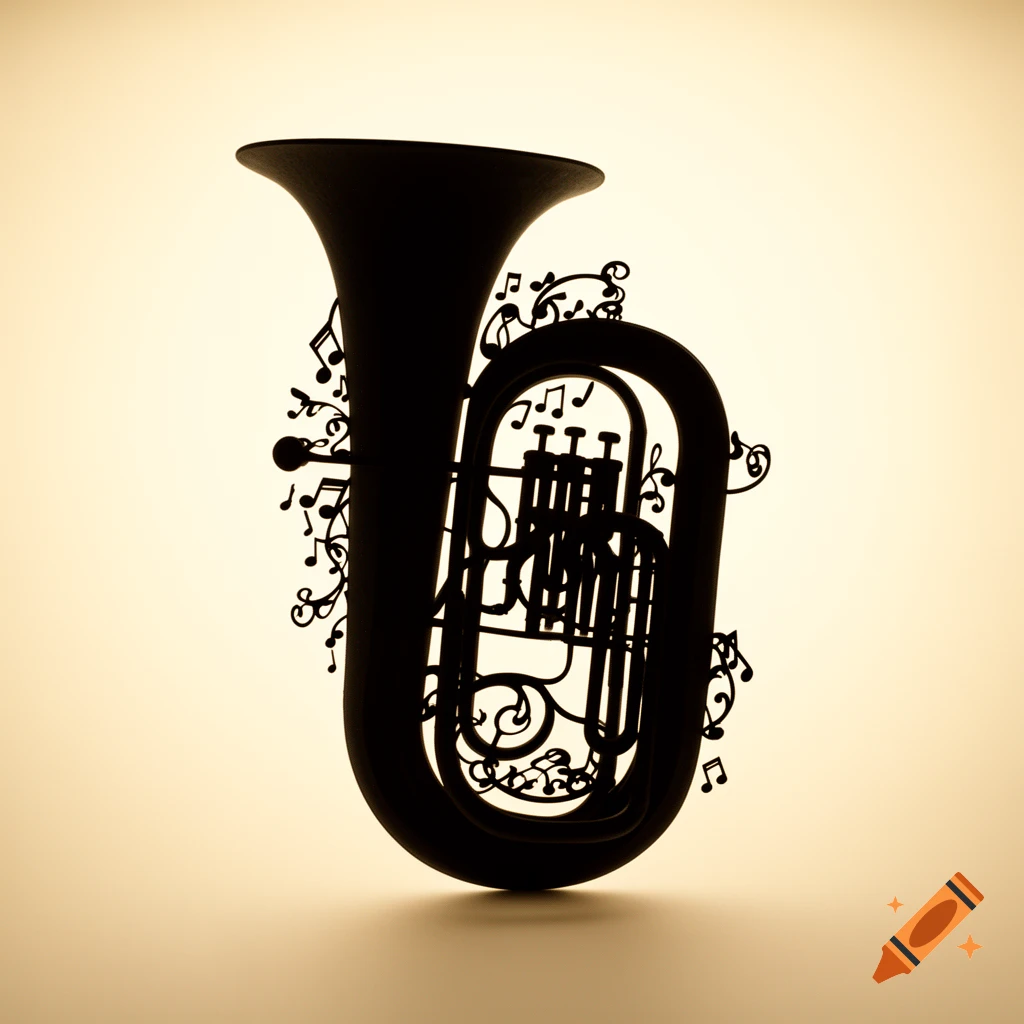 A black silhouette of a stylized tuba adorned with musical notes against a light, gradient background.