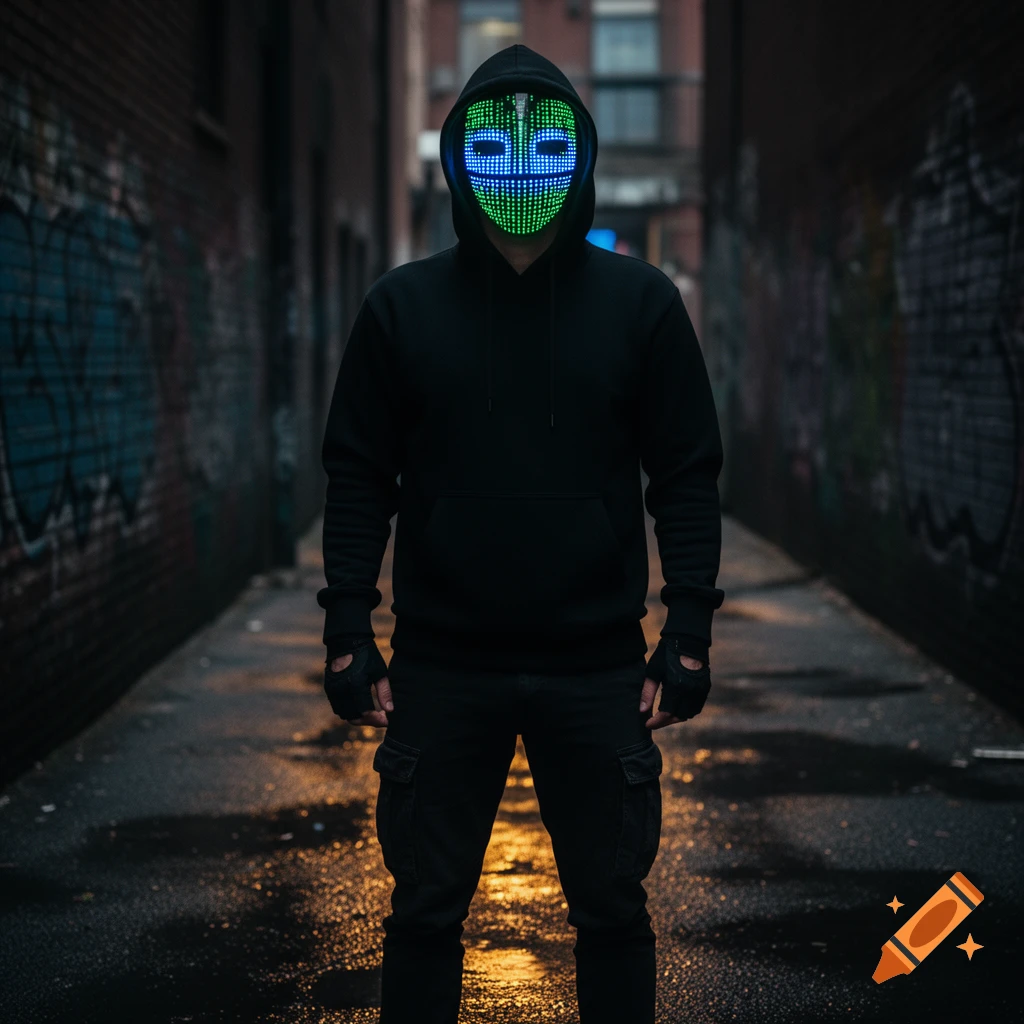 A man in a black hoodie and glowing green and blue LED mask stands in a dark, wet urban alley with graffiti.