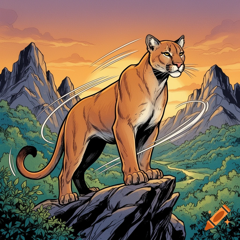 Comic art of a majestic cougar standing on a rock overlooking a valley with mountains at sunset.