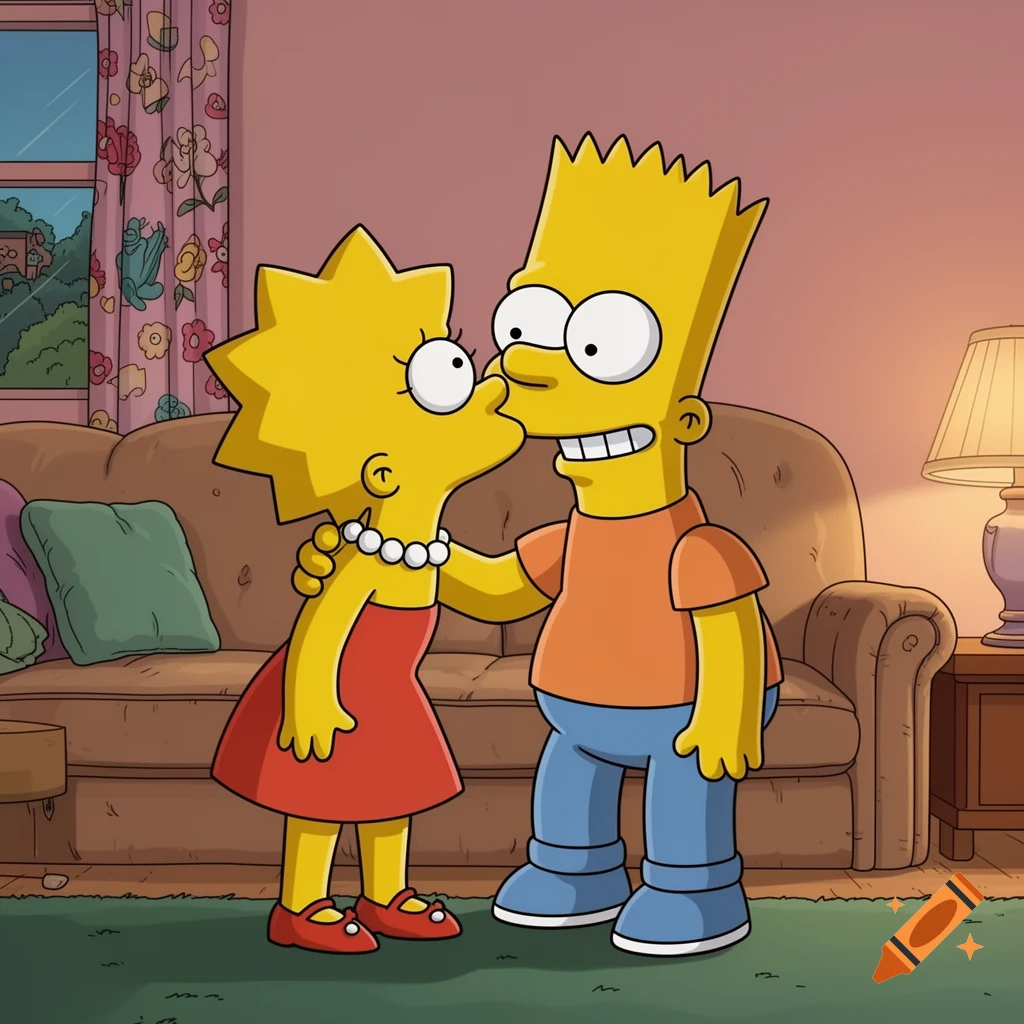Lisa Simpson, in a red dress, kisses Bart Simpson on the cheek in their living room, animated style.