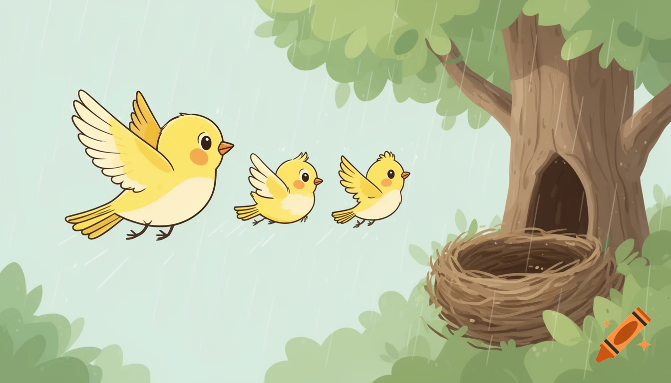 A cartoon mother yellow bird and two chicks fly through light rain towards a tree nest, in a children's book style.
