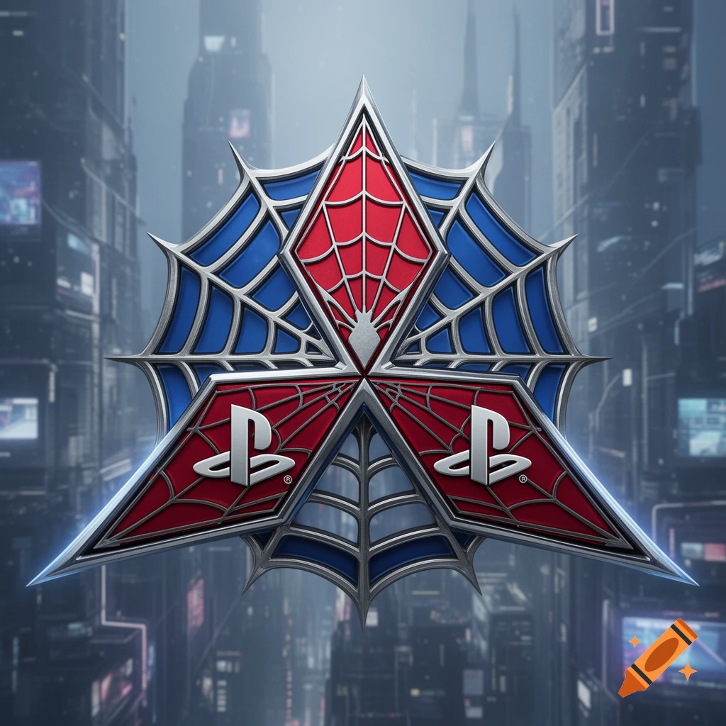 A stylized emblem combining Spider-Man's web pattern, Mitsubishi's diamonds, and PlayStation logos in a futuristic city.