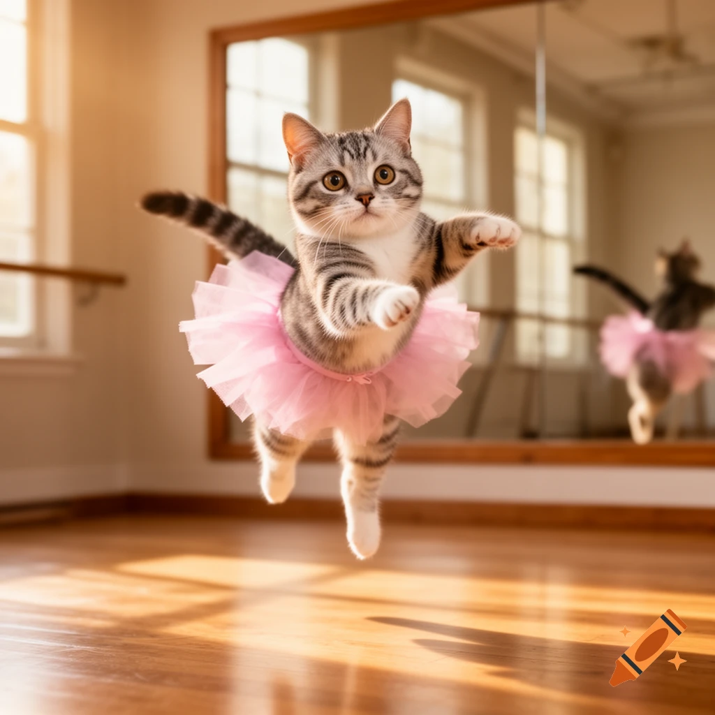 A cute tabby cat wearing a pink tutu jumps mid-air in a sunlit ballet studio, with a mirror reflecting its pose.