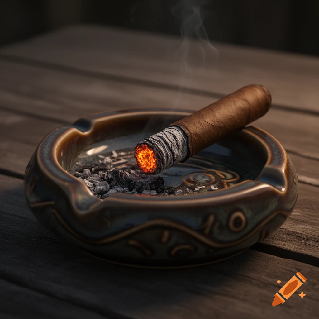 A photorealistic lit cigar with a glowing ember rests in a ceramic ashtray on a wooden table, with smoke rising.