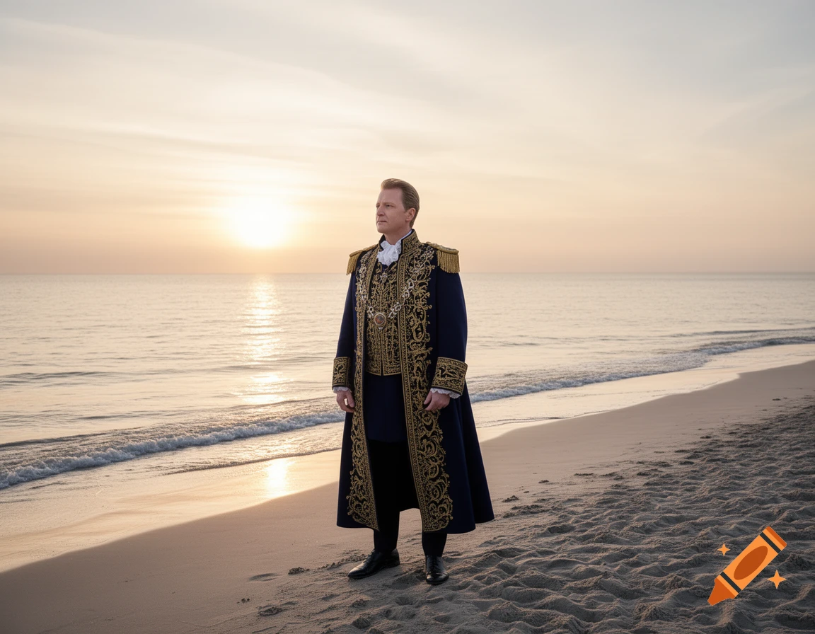 A man in an ornate blue and gold royal-style coat stands on a sandy beach looking out at the ocean during sunset.