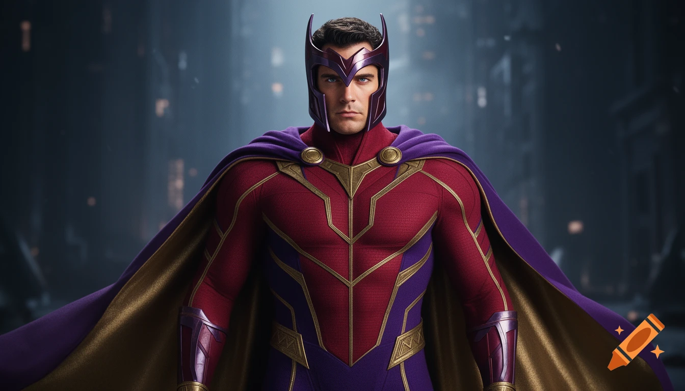 Photorealistic portrait of Henry Cavill as Magneto in a red and purple superhero suit with a cape and helmet.
