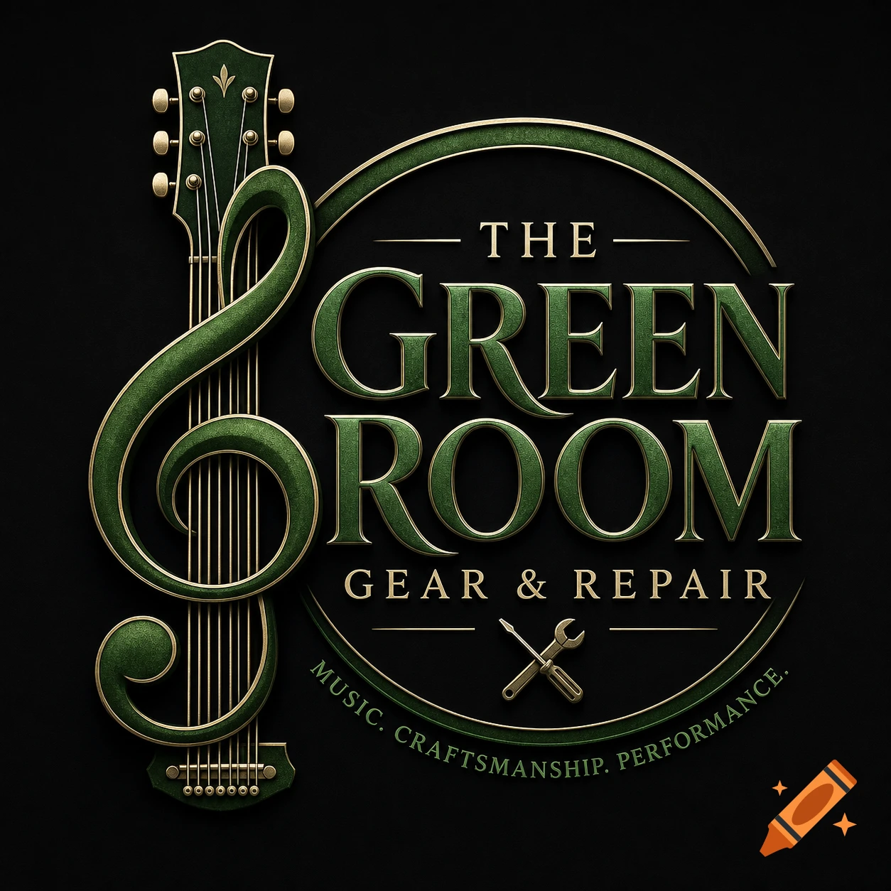 Green and gold 3D logo for 'The Green Room Gear & Repair' featuring a guitar neck and treble clef design with additional text.