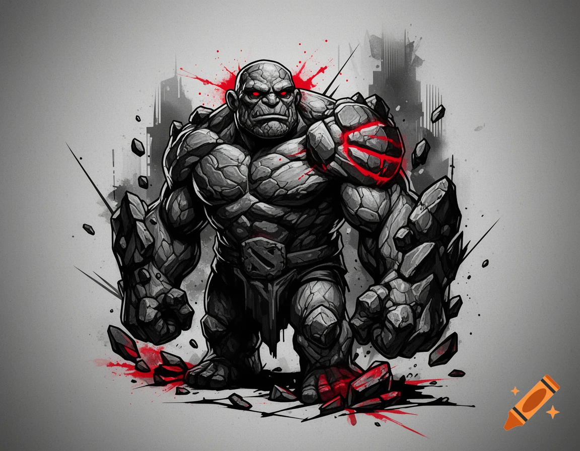 A stylized, muscular, grey rock-like creature with glowing red eyes and red splatters, depicted in a blackwork and trash polka tattoo art style against a grey background with subtle city silhouettes.