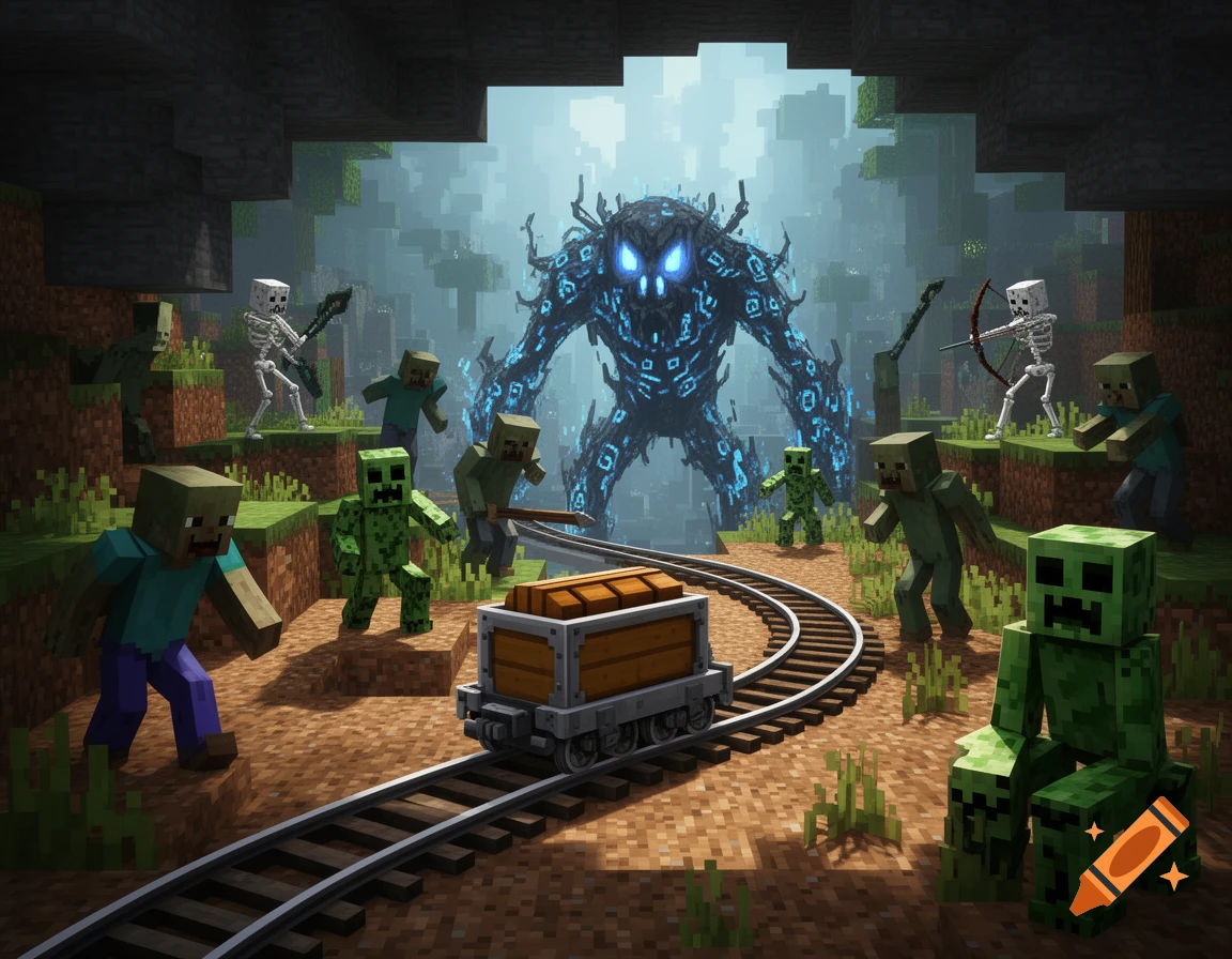 A detailed Minecraft scene featuring a large, glowing Warden, several zombies, creepers, and skeletons with bows, surrounding a minecart on rails within a cave.