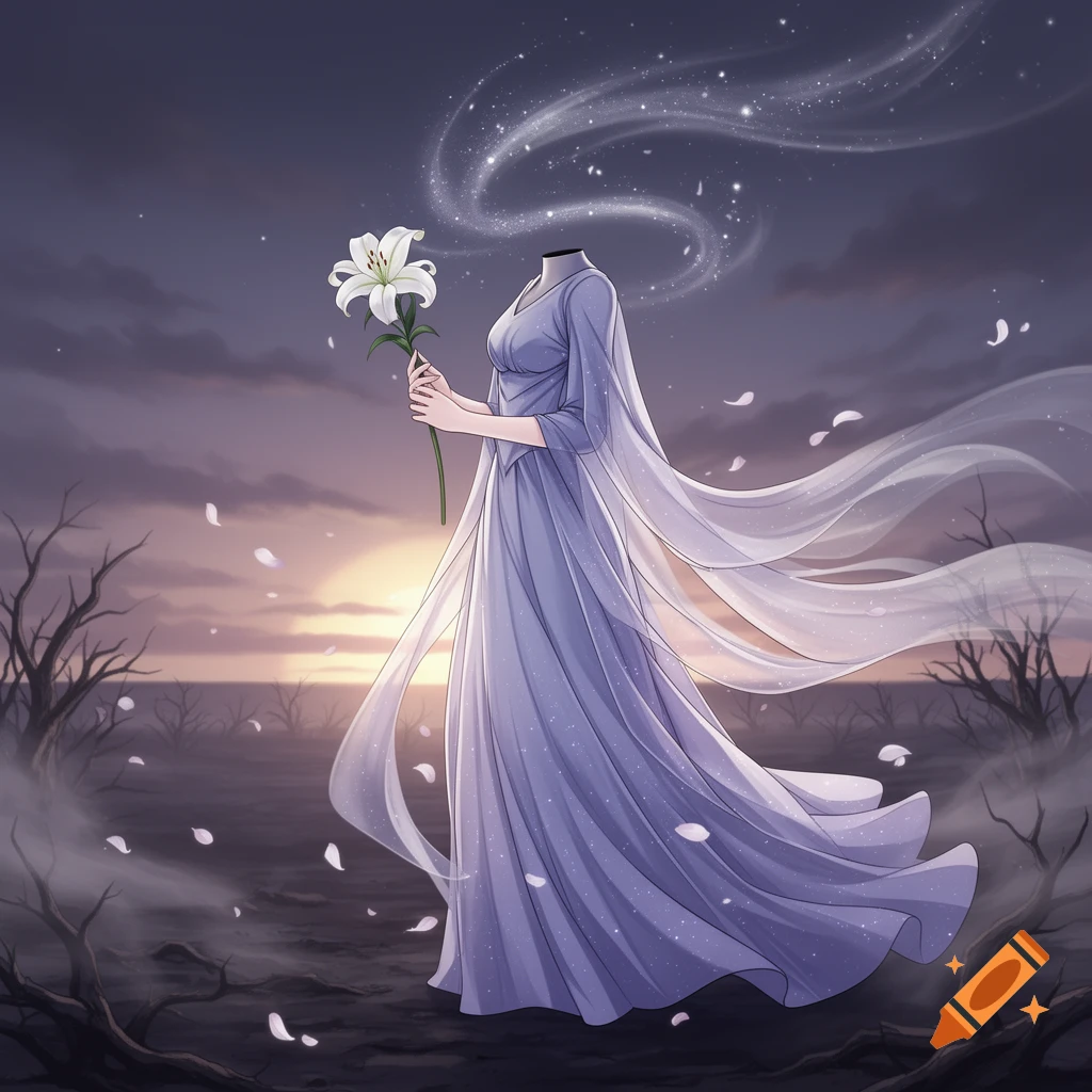 A headless anime girl in a flowing lavender dress holds a white lily in a desolate landscape at sunset, with magical dust swirling.