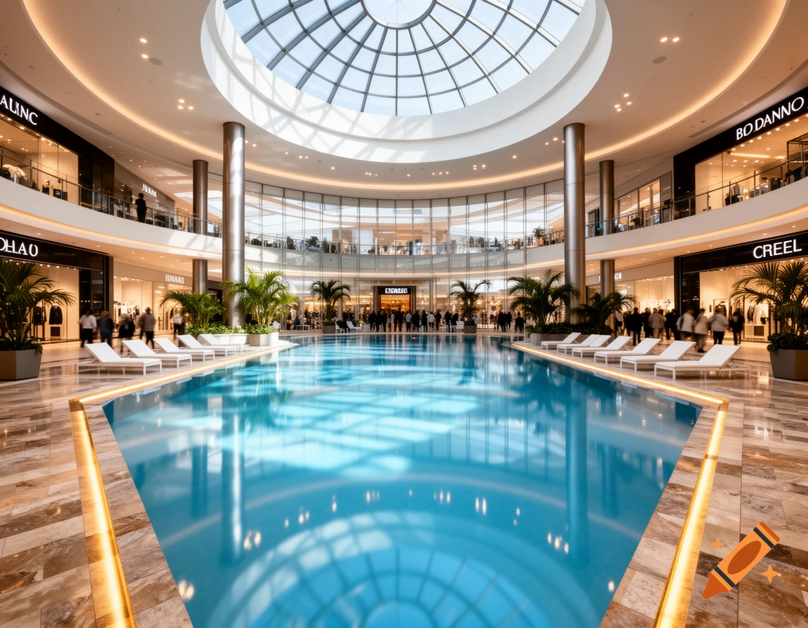 A large indoor pool with lounge chairs and palm trees in a modern, luxurious shopping mall with a glass-domed roof.