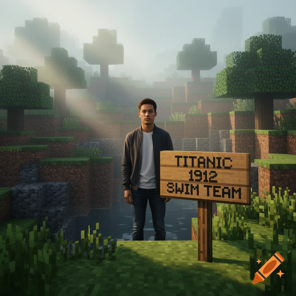 A photorealistic man stands in a blocky Minecraft world with fog and sun rays, next to a sign reading "TITANIC 1912 SWIM TEAM".
