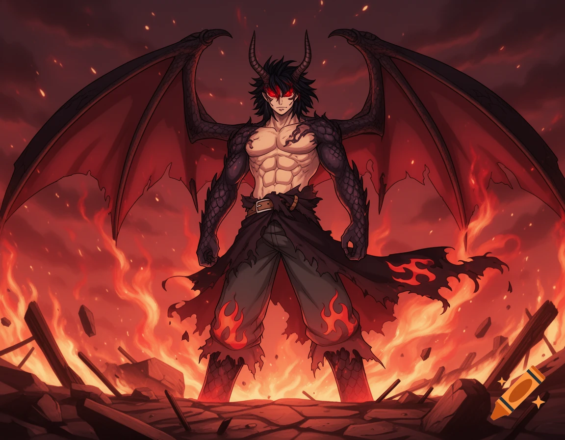 Anime-style demon-dragon hybrid male with wings and horns, shirtless, standing in a fiery, destructive landscape.