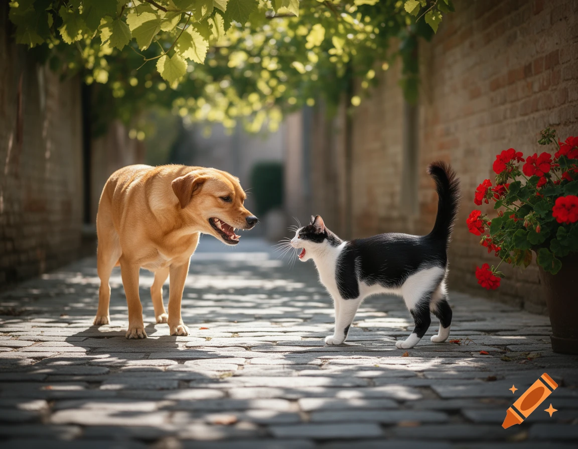 A golden dog and a black and white cat face each other in a sunny cobblestone alley, both with open mouths.