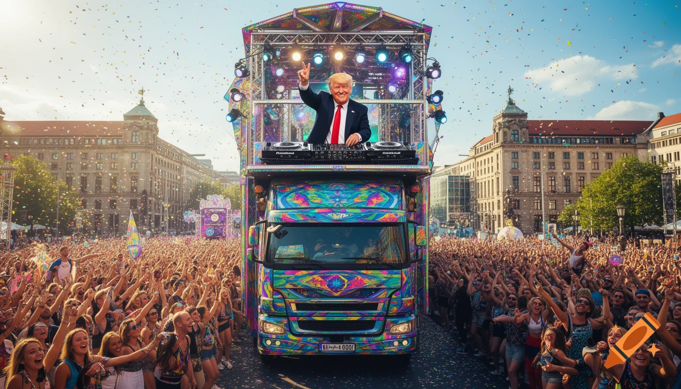 Donald Trump DJs atop a psychedelic techno parade float in Berlin, waving to a massive, confetti-covered crowd at a vibrant street festival.