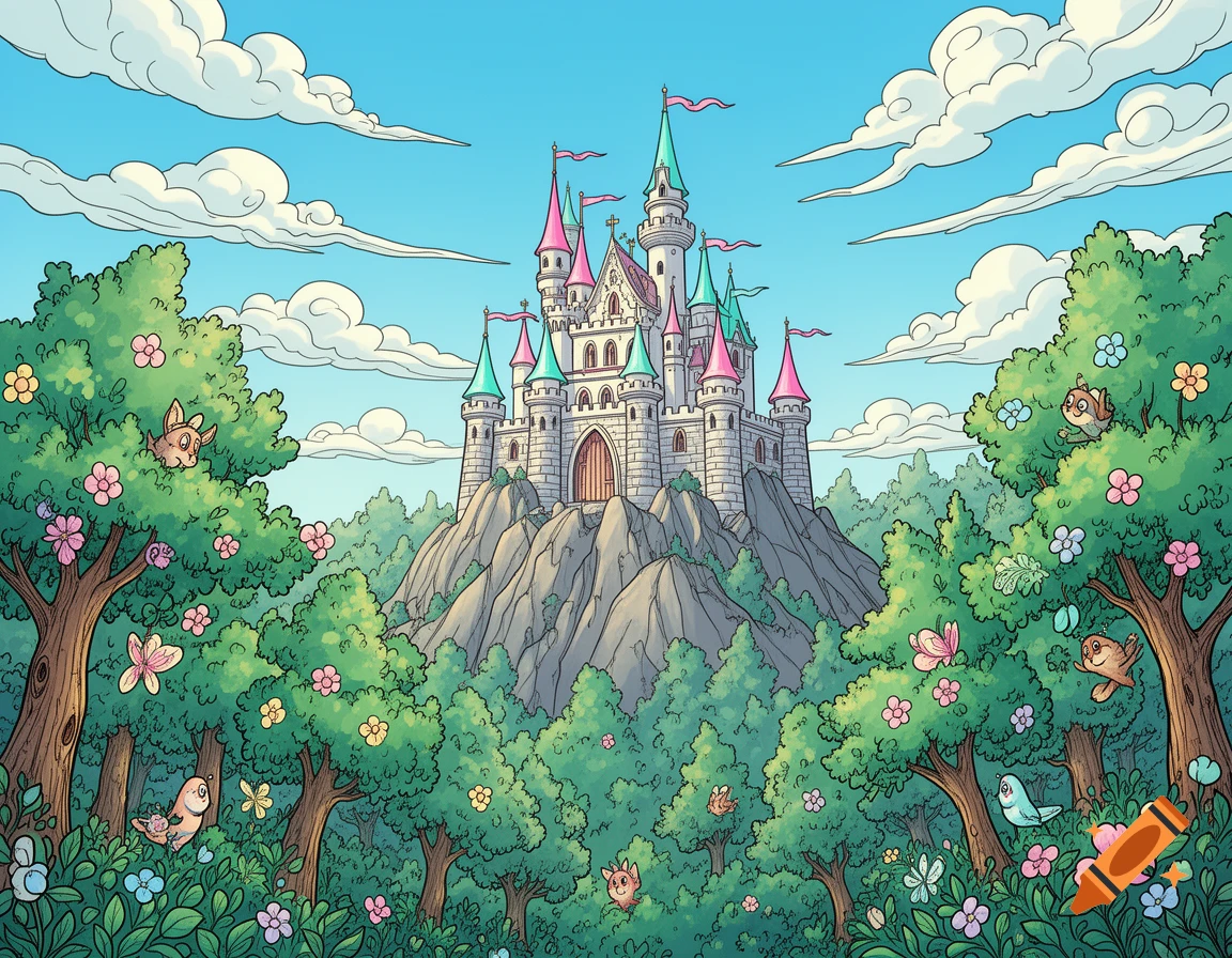 Cartoon fairytale castle on a mountain amidst a lush forest with whimsical animals, under a blue sky with clouds.