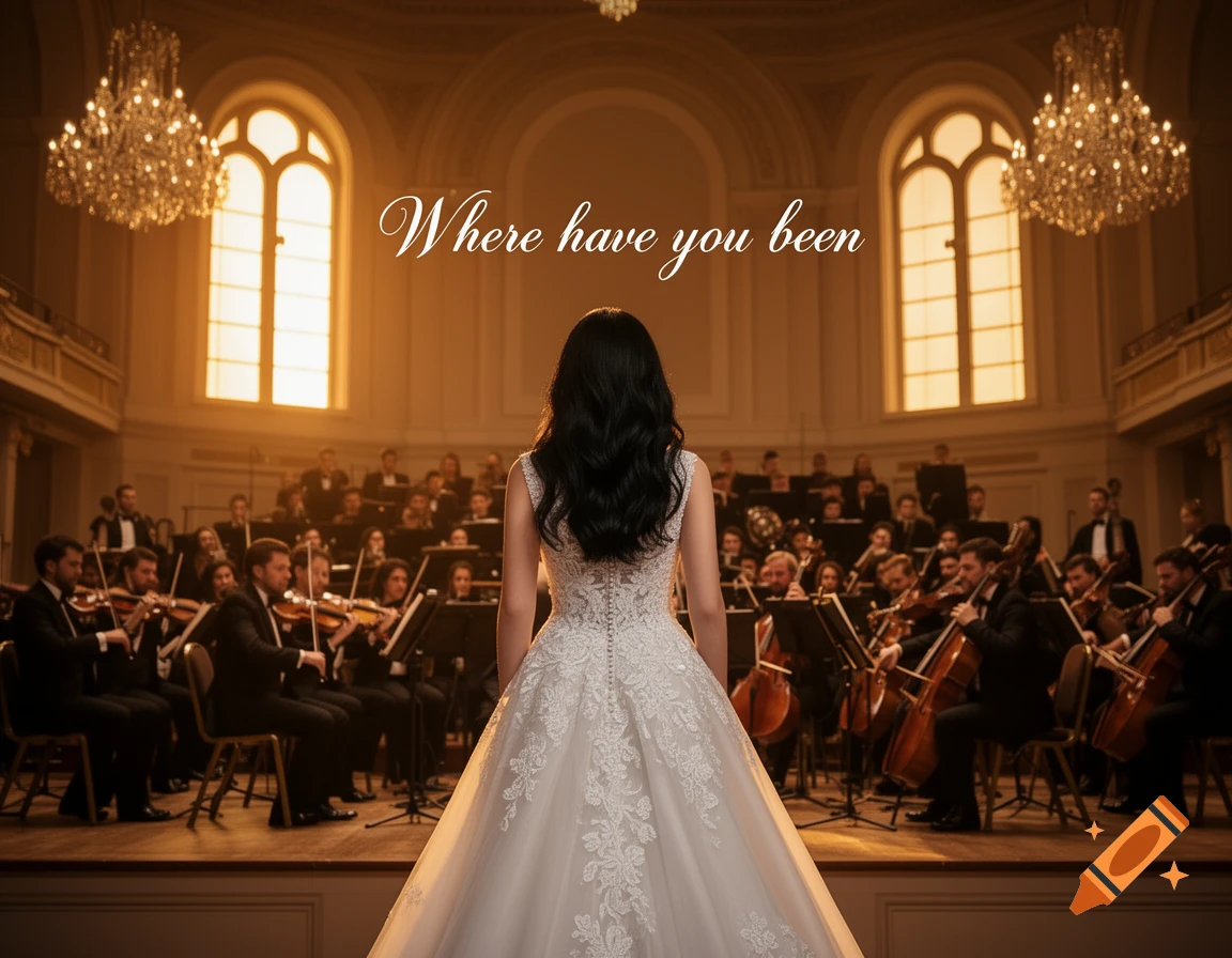 Back of a woman in a white wedding dress standing on stage, facing an orchestra in a grand hall, with text 'Where have you been' above her.