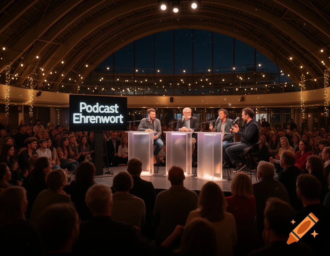 Live podcast event with three men on a stage, a large audience, and a screen displaying "Podcast Ehrenwort" in an arched venue.