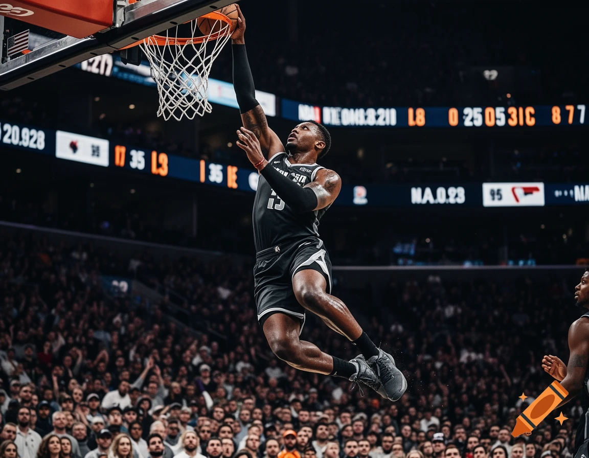 A male basketball player in a black jersey and shorts dunks the ball into a hoop during an NBA game in a crowded arena.