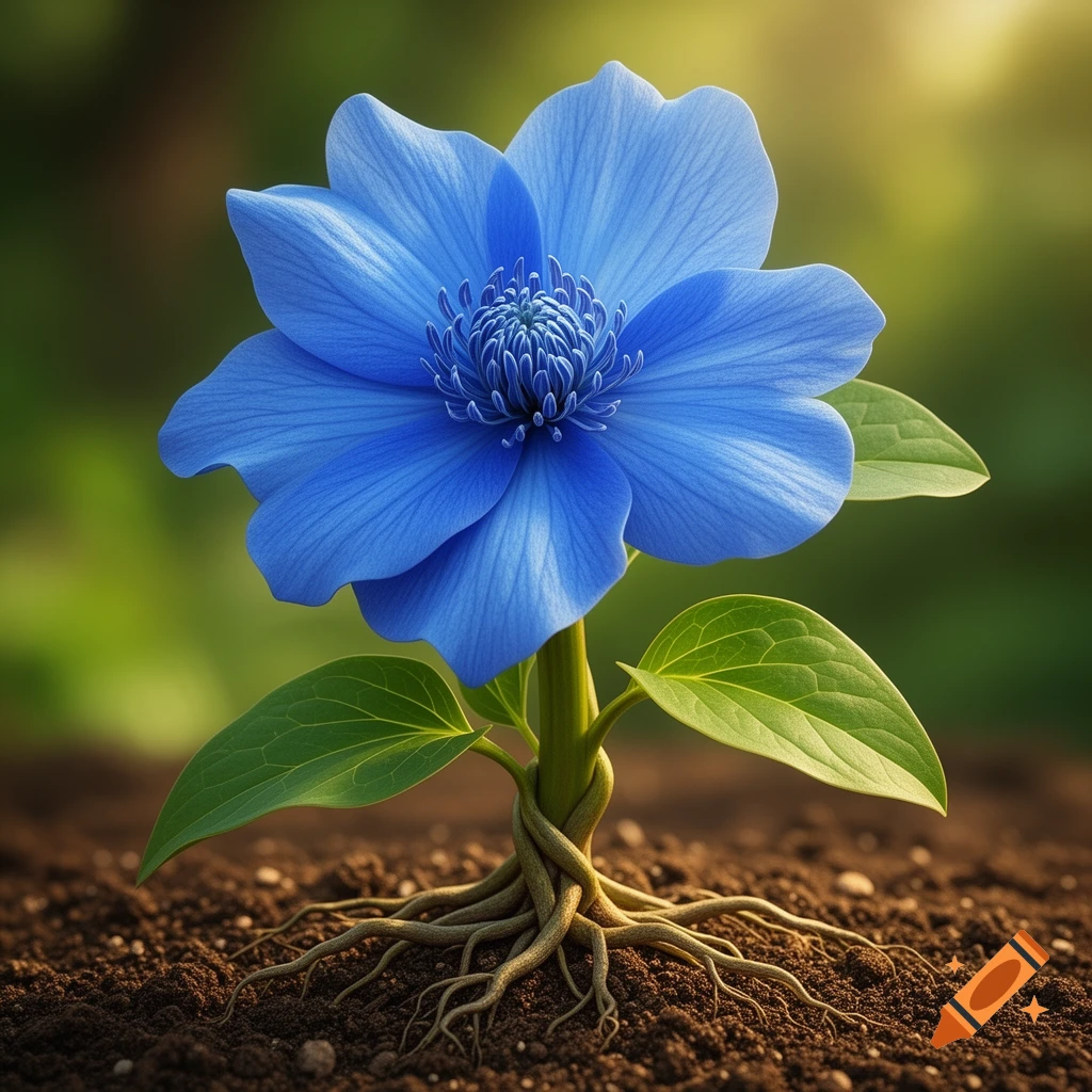 A vibrant blue flower with intricate roots growing in rich soil, against a soft green background.