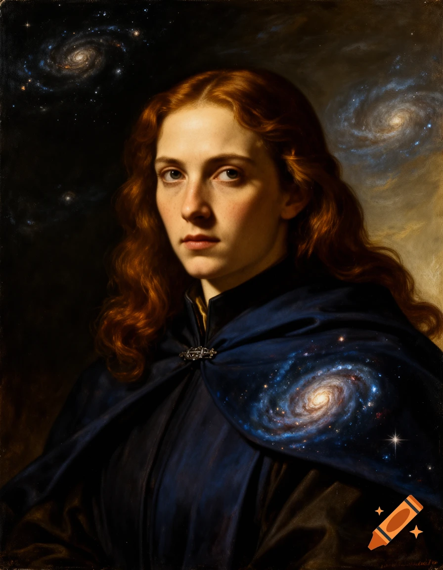 An oil painting of a serious red-haired woman in a dark blue cape, with galaxies in the background and on her cape.