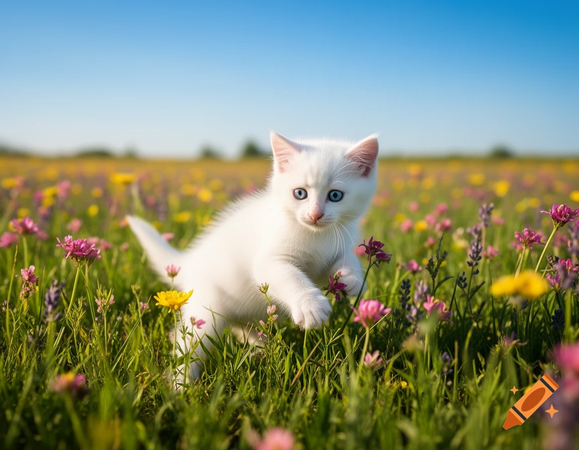 A fluffy white kitten with blue eyes walks through a vibrant field of colorful wildflowers under a clear blue sky.