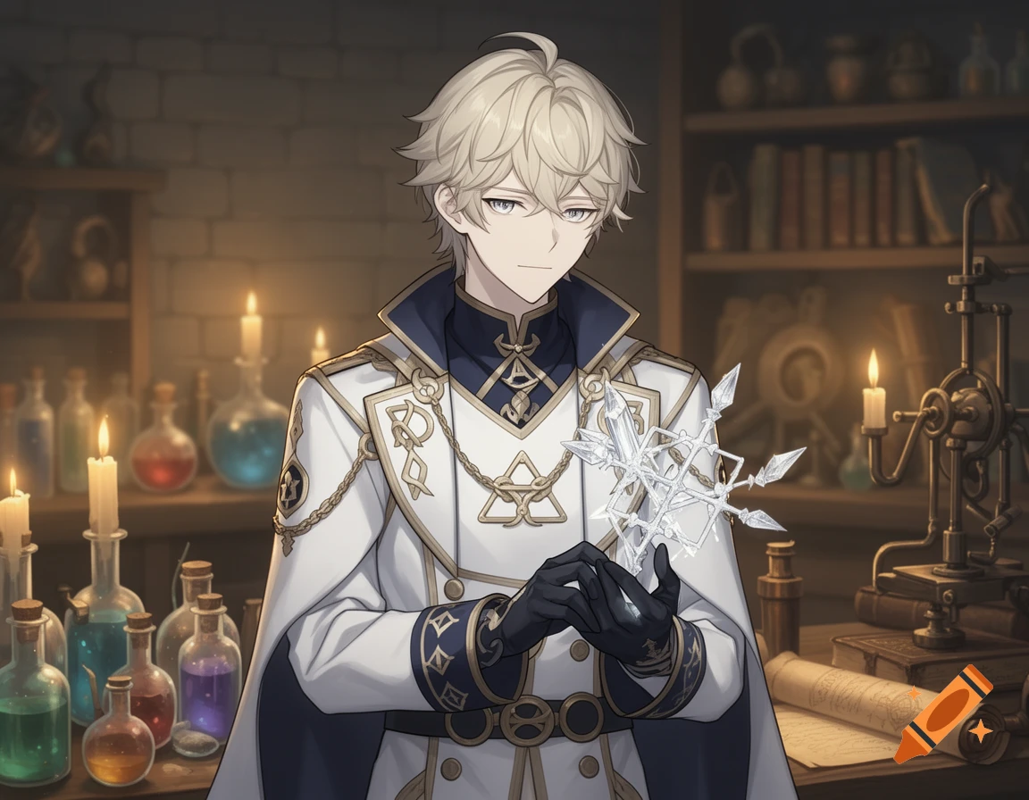 A blonde anime male in an ornate white and blue outfit holds a glowing crystal snowflake in an alchemist's lab, surrounded by candles and potions.