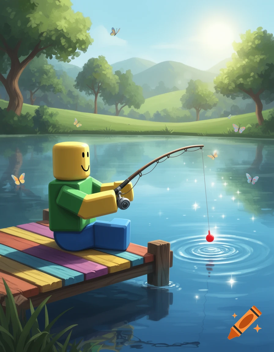 A cartoon Roblox Noob character sits on a colorful wooden dock, fishing in a peaceful lake surrounded by trees and mountains.