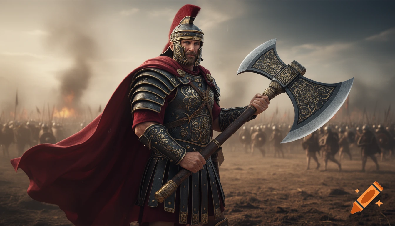 A powerful Roman warrior in dark iron armor and a crimson cape holds a massive battle axe on a smoke-filled battlefield.