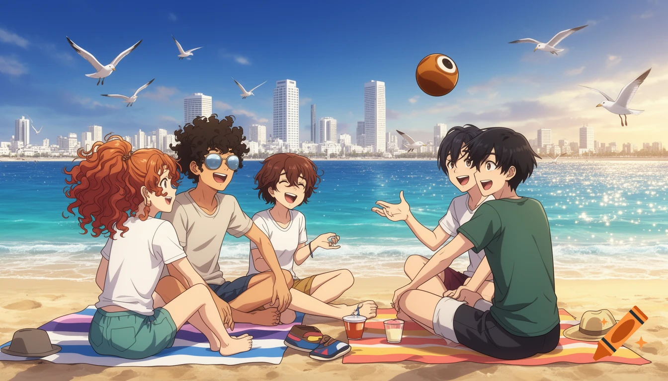 Anime drawing of happy teens on a sunny beach with a city skyline in the background. They are sitting on a blanket, one playing with a ball.