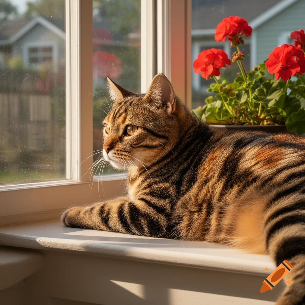 A brown tabby cat relaxes on a sunny windowsill, looking out, with red geraniums nearby in a photorealistic style.