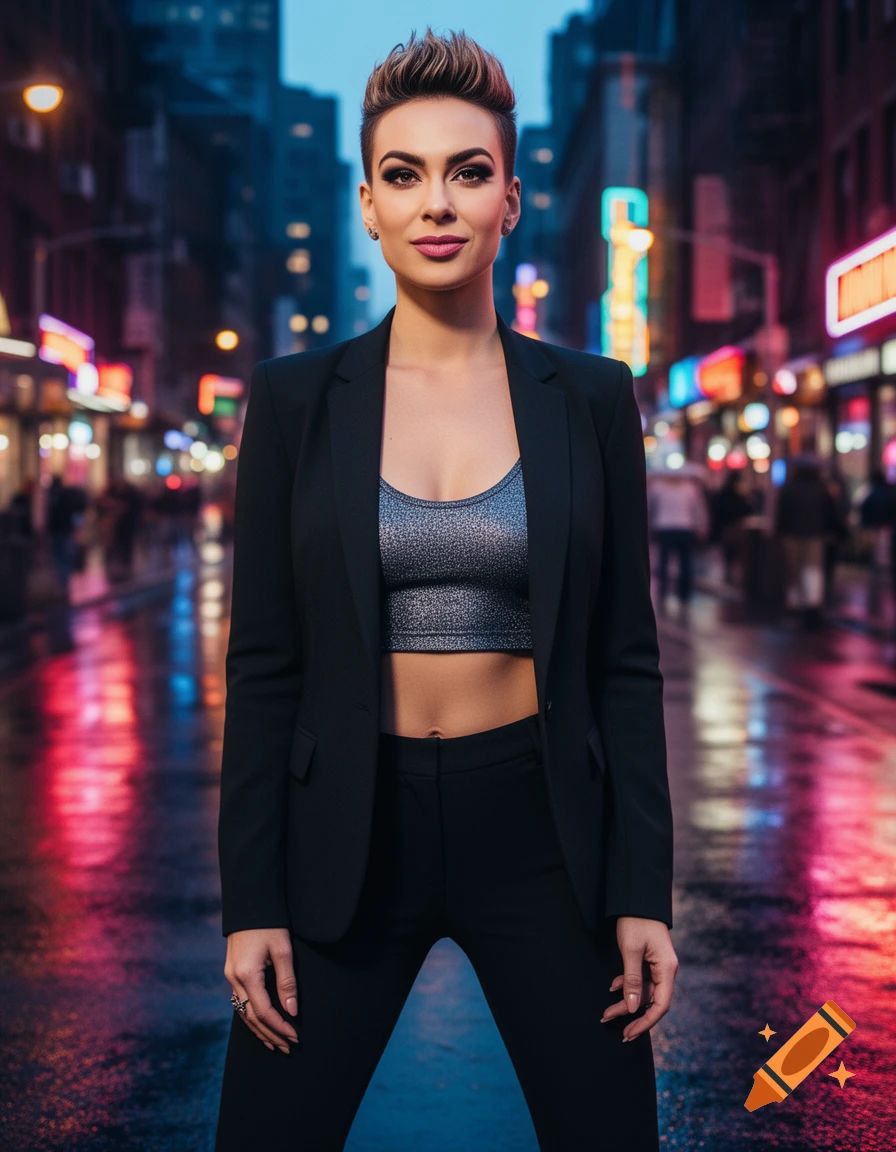 A woman with a pixie cut wears a black blazer and sparkly crop top, standing on a wet city street at night with neon lights.