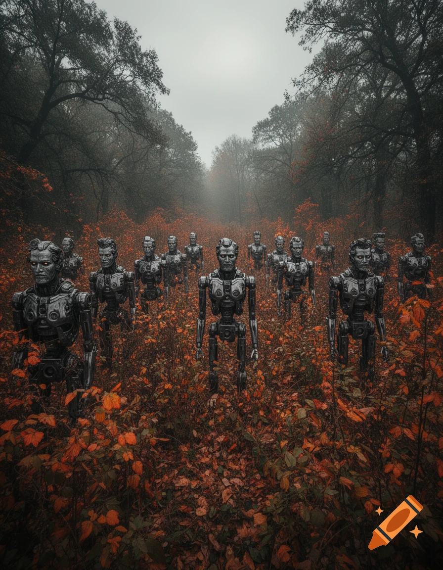 A group of metallic, humanoid robots with glowing eyes standing amidst orange autumn leaves in a foggy, dark forest.
