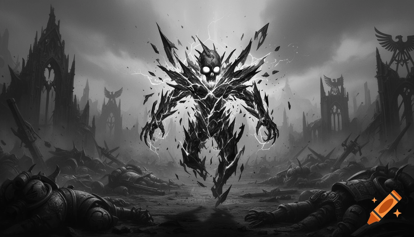 A demonic entity made of black shards with glowing eyes stands amidst a ruined gothic battlefield filled with dead Space Marines, in a grimdark monochrome style.